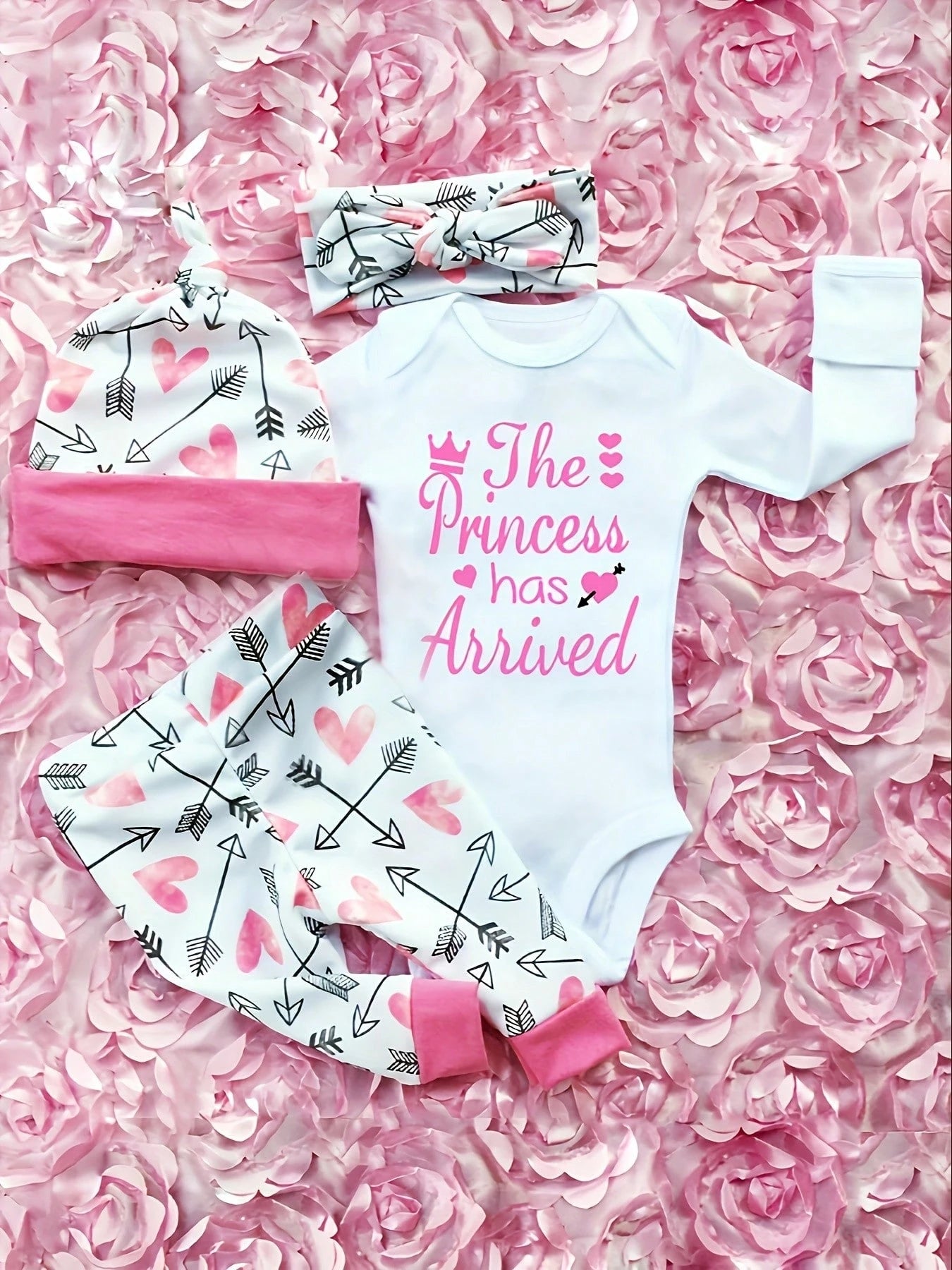 Easisim Newborn Infant Baby Girls Letter Printed Romper Jumpsuit Bodysuit Pant Headband And Hat Clothes Outfits Set
