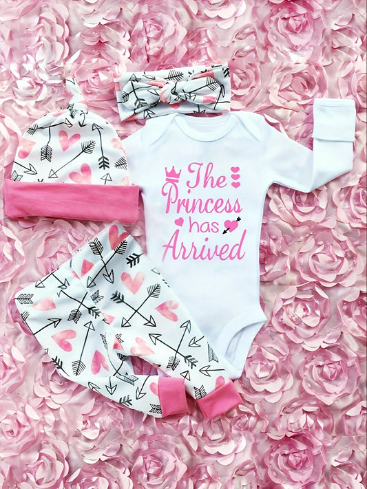 Easisim Newborn Infant Baby Girls Letter Printed Romper Jumpsuit Bodysuit Pant Headband And Hat Clothes Outfits Set