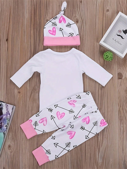 Easisim Newborn Infant Baby Girls Letter Printed Romper Jumpsuit Bodysuit Pant Headband And Hat Clothes Outfits Set
