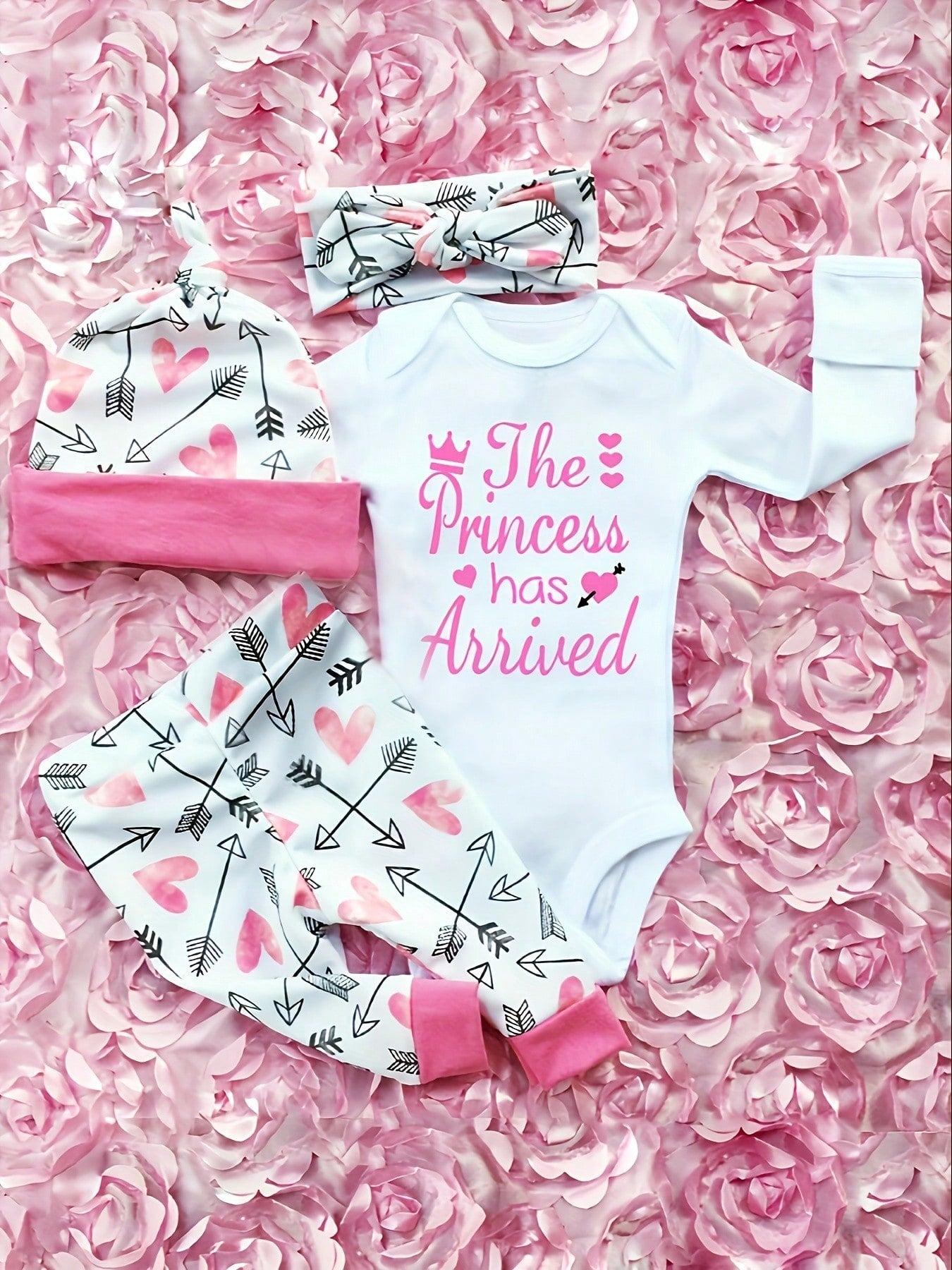 Easisim Newborn Infant Baby Girls Letter Printed Romper Jumpsuit Bodysuit Pant Headband And Hat Clothes Outfits Set