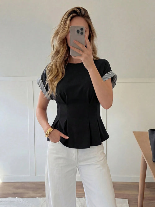 Easowa Round Neck Ruffle Hem Contrast Stripe Patchwork Casual Loose Elegant Commuter Vacation Blouse For Women, Spring/Summer Office Black And White Striped