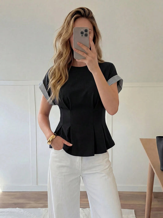 Easowa Round Neck Ruffle Hem Contrast Stripe Patchwork Casual Loose Elegant Commuter Vacation Blouse For Women, Spring/Summer Office Black And White Striped