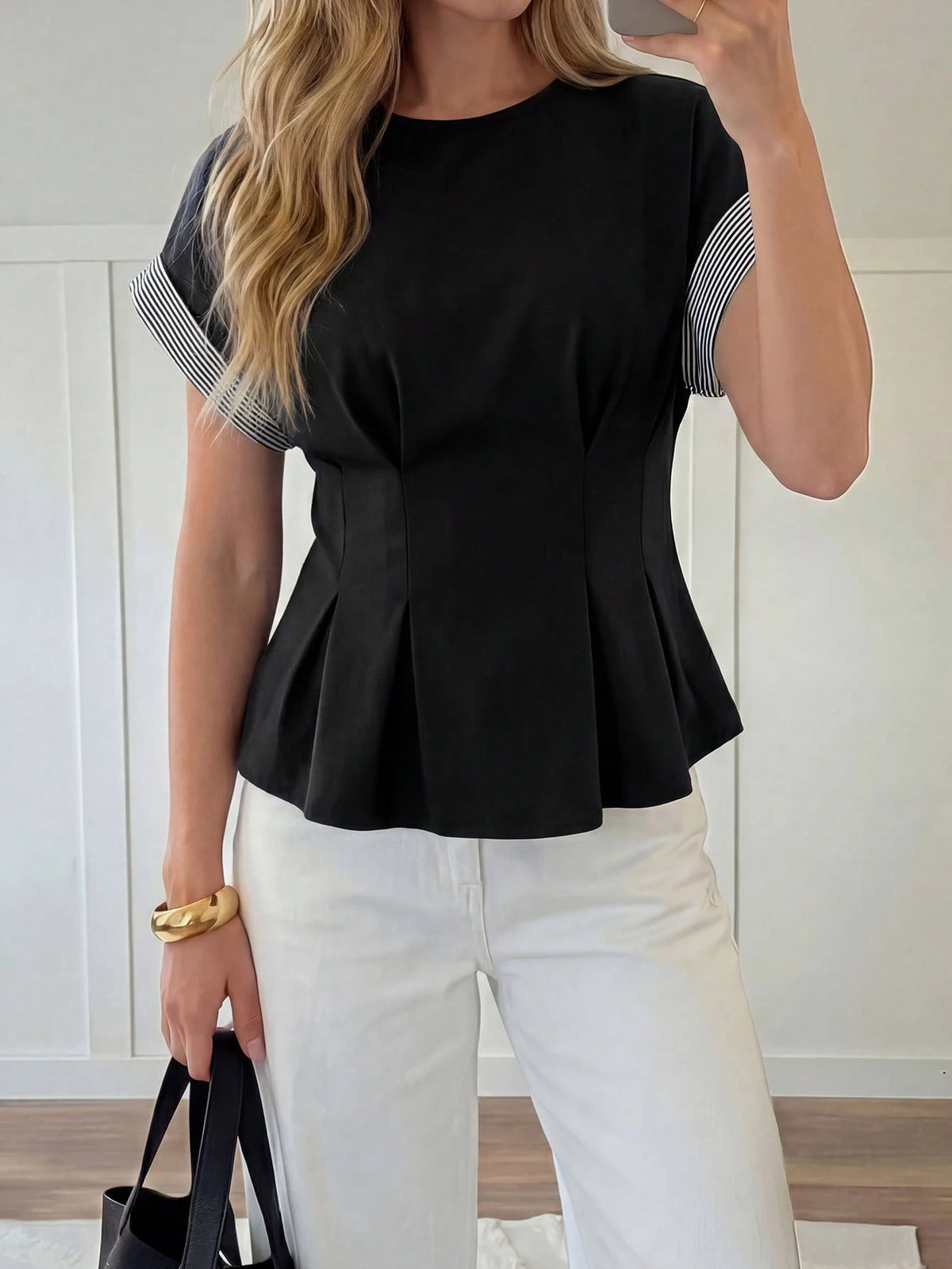 Easowa Round Neck Ruffle Hem Contrast Stripe Patchwork Casual Loose Elegant Commuter Vacation Blouse For Women, Spring/Summer Office Black And White Striped