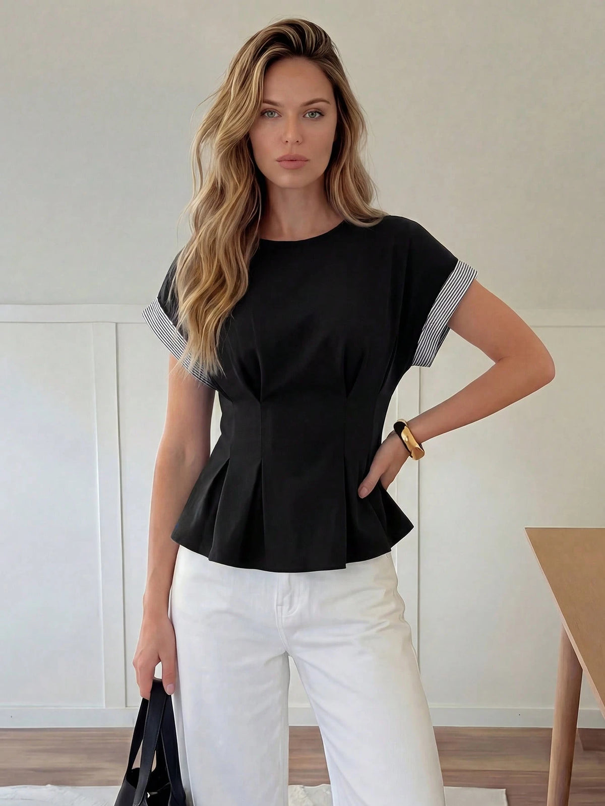 Easowa Round Neck Ruffle Hem Contrast Stripe Patchwork Casual Loose Elegant Commuter Vacation Blouse For Women, Spring/Summer Office Black And White Striped