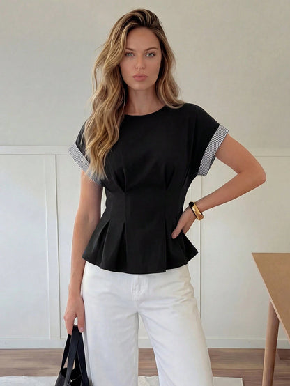 Easowa Round Neck Ruffle Hem Contrast Stripe Patchwork Casual Loose Elegant Commuter Vacation Blouse For Women, Spring/Summer Office Black And White Striped