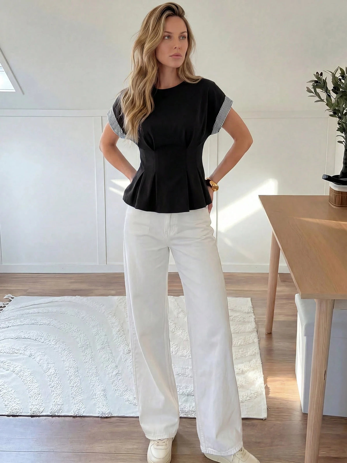Easowa Round Neck Ruffle Hem Contrast Stripe Patchwork Casual Loose Elegant Commuter Vacation Blouse For Women, Spring/Summer Office Black And White Striped