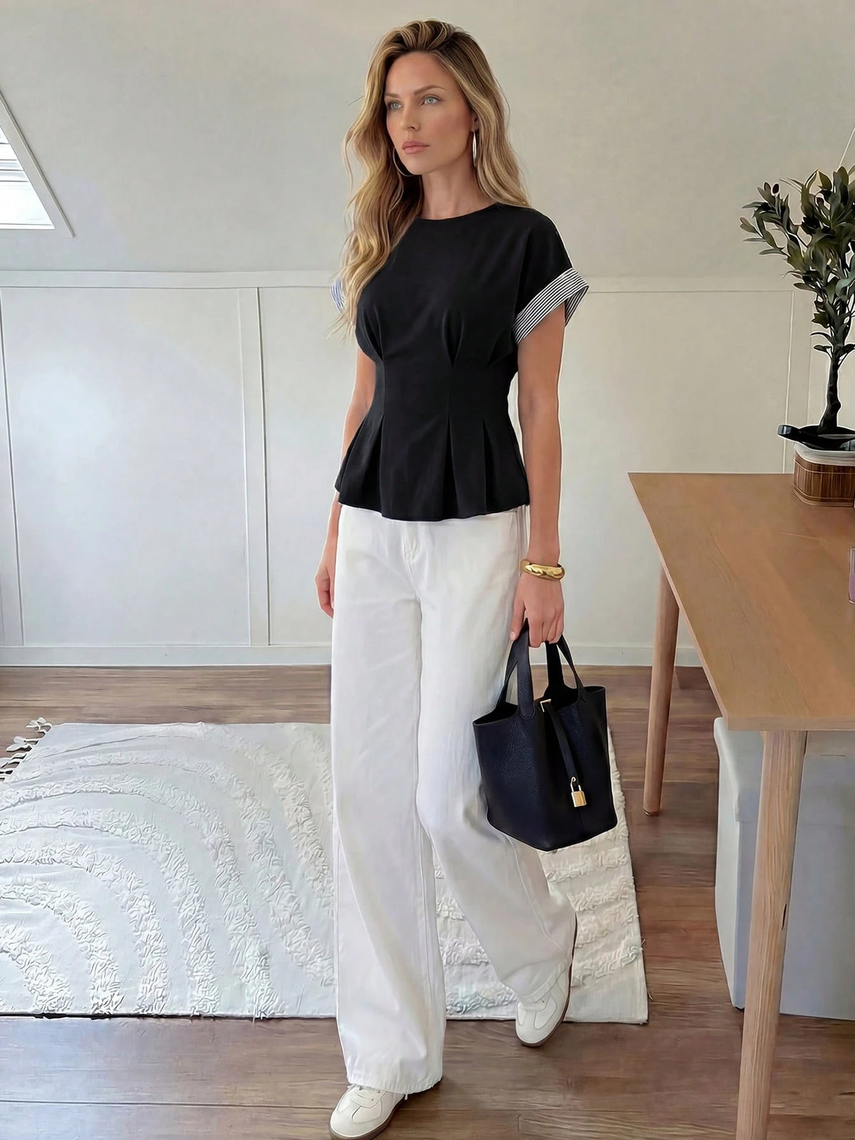 Easowa Round Neck Ruffle Hem Contrast Stripe Patchwork Casual Loose Elegant Commuter Vacation Blouse For Women, Spring/Summer Office Black And White Striped