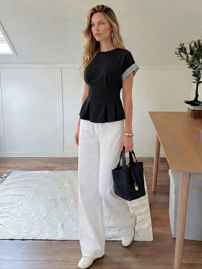 Easowa Round Neck Ruffle Hem Contrast Stripe Patchwork Casual Loose Elegant Commuter Vacation Blouse For Women, Spring/Summer Office Black And White Striped