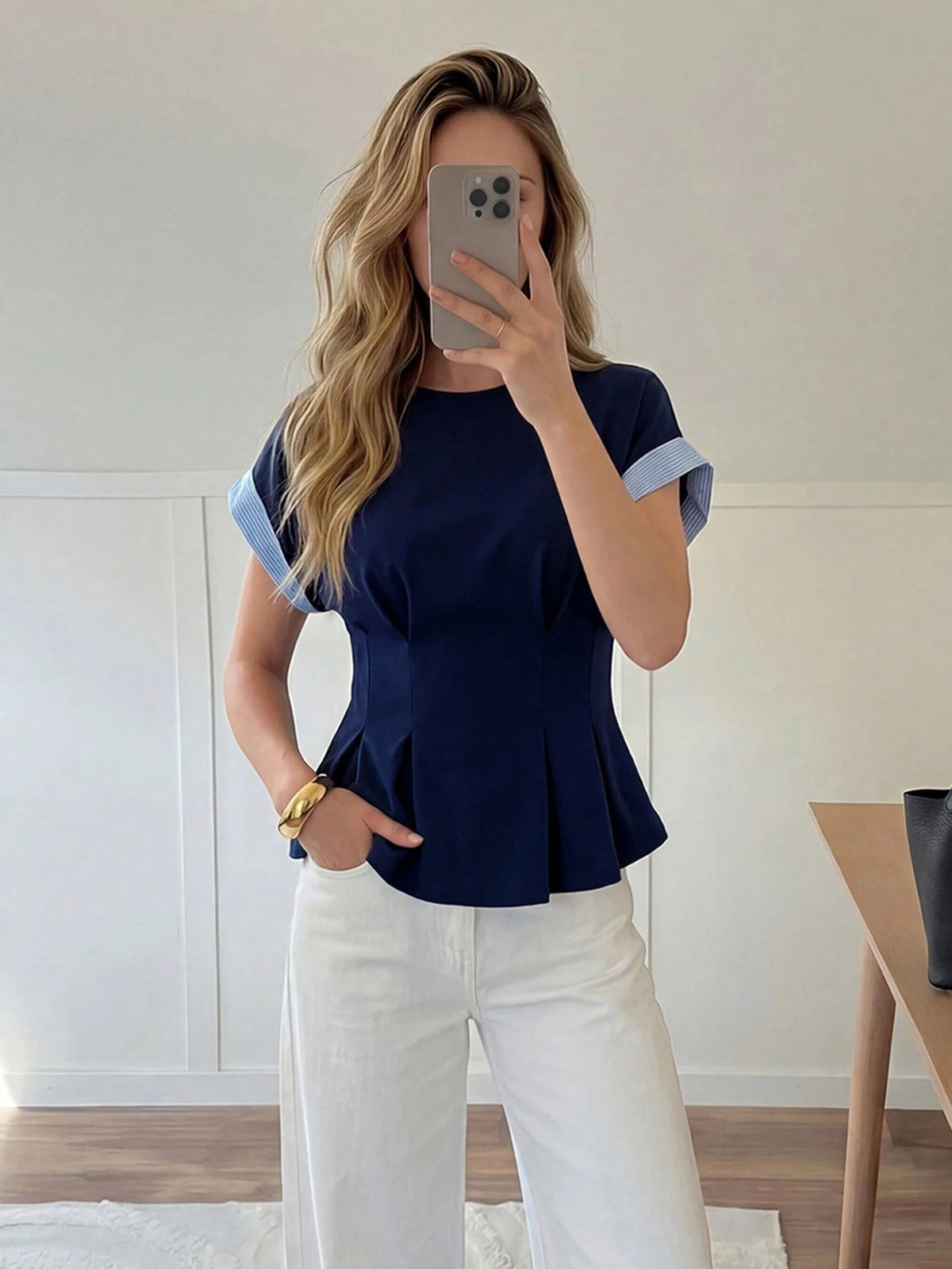 Easowa Round Neck Ruffle Hem Contrast Stripe Patchwork Casual Loose Elegant Commuter Vacation Blouse For Women, Spring/Summer Office Black And White Striped