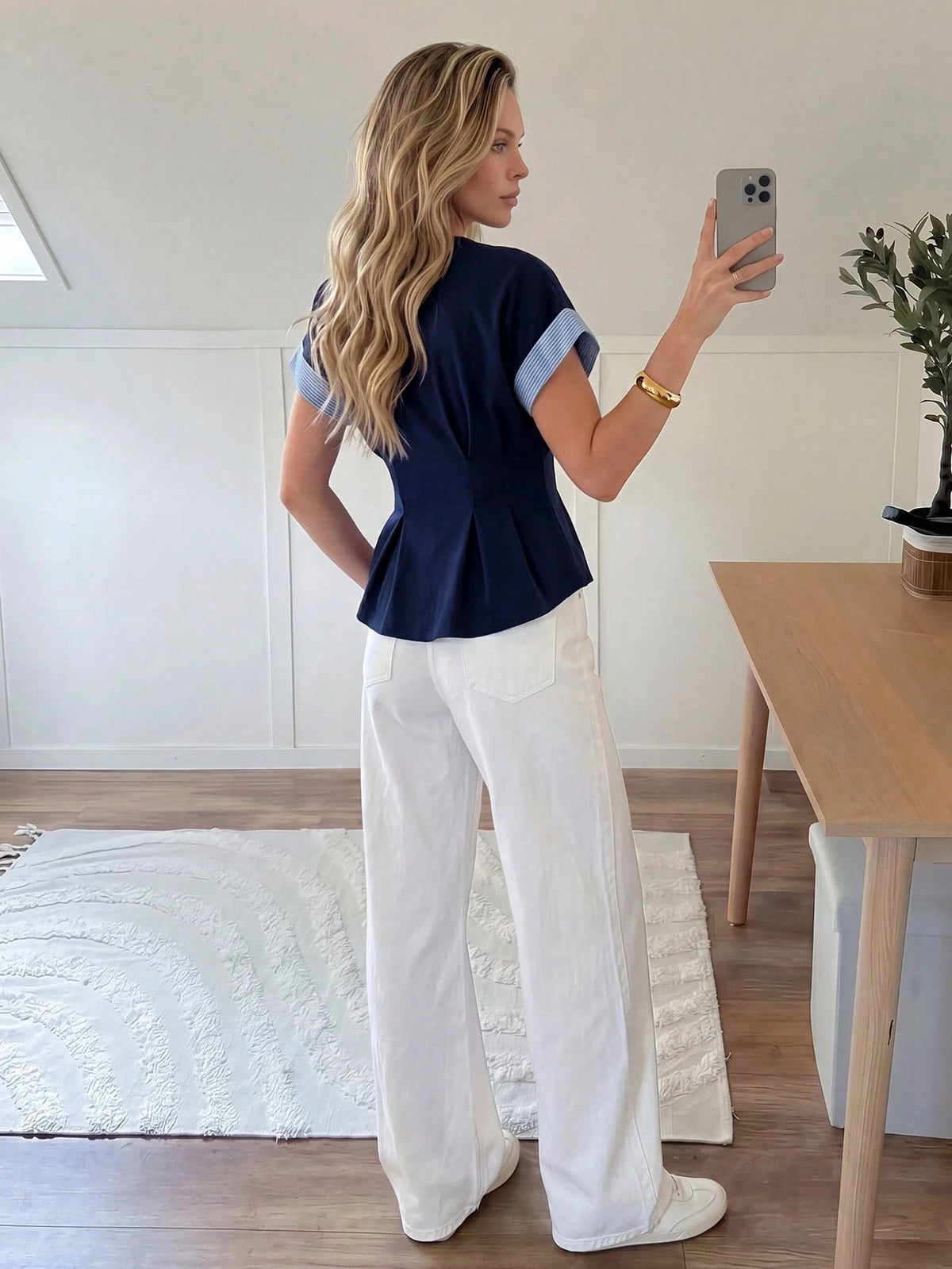 Easowa Round Neck Ruffle Hem Contrast Stripe Patchwork Casual Loose Elegant Commuter Vacation Blouse For Women, Spring/Summer Office Black And White Striped