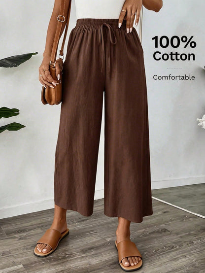 Easowa Women's Espresso Brown Cotton Linen Ankle Pants,Summer Casual Vacation Wide Leg Loose Elastic Waist Trousers,Back To School Teacher Uniform,Khaki
