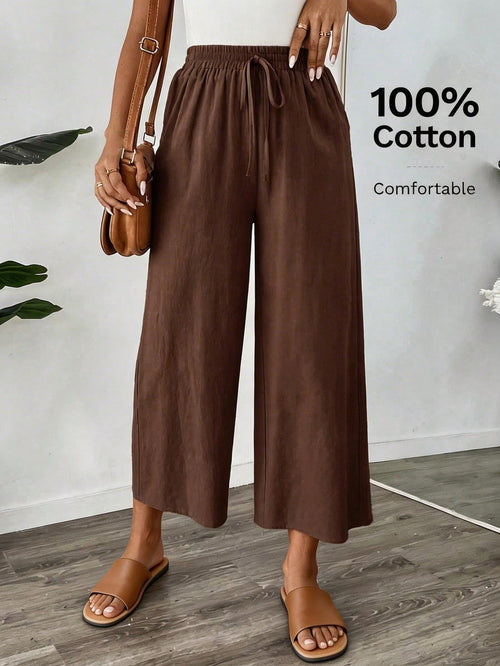 Easowa Women's Espresso Brown Cotton Linen Ankle Pants,Summer Casual Vacation Wide Leg Loose Elastic Waist Trousers,Back To School Teacher Uniform,Khaki