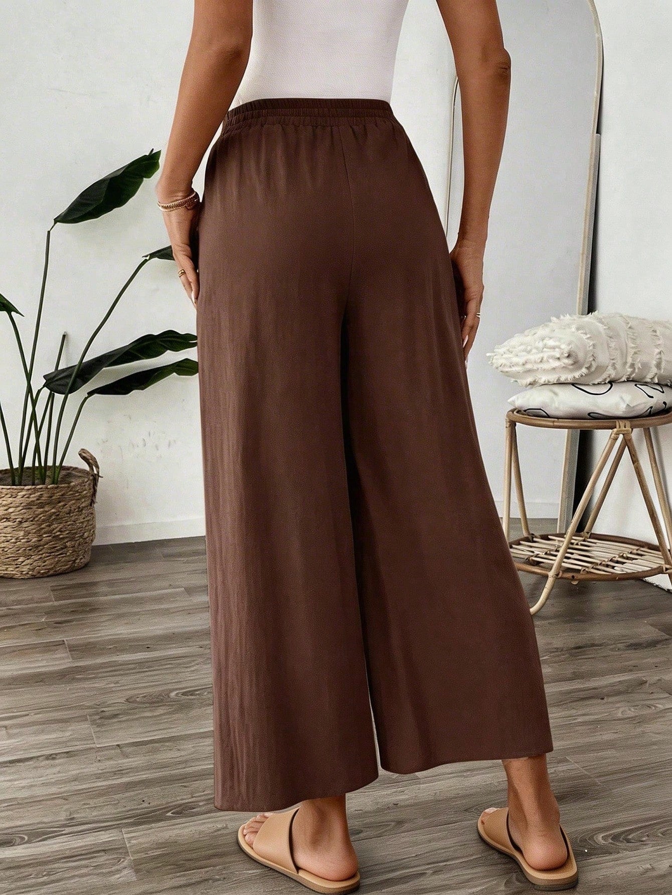 Easowa Women's Espresso Brown Cotton Linen Ankle Pants,Summer Casual Vacation Wide Leg Loose Elastic Waist Trousers,Back To School Teacher Uniform,Khaki