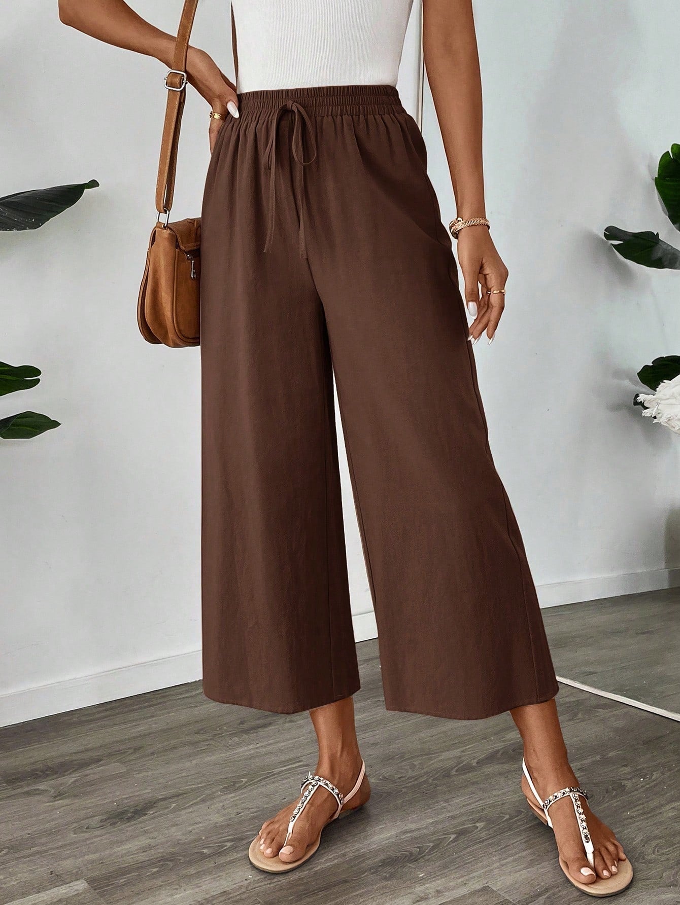 Easowa Women's Espresso Brown Cotton Linen Ankle Pants,Summer Casual Vacation Wide Leg Loose Elastic Waist Trousers,Back To School Teacher Uniform,Khaki