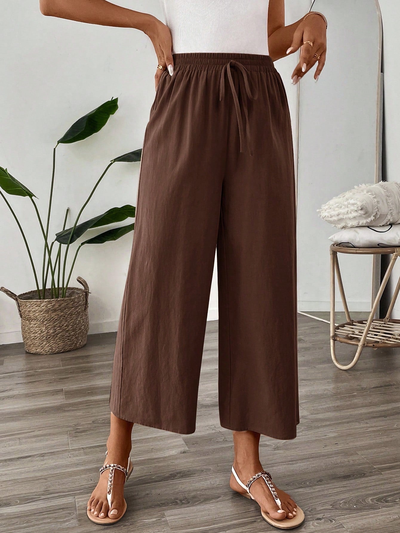 Easowa Women's Espresso Brown Cotton Linen Ankle Pants,Summer Casual Vacation Wide Leg Loose Elastic Waist Trousers,Back To School Teacher Uniform,Khaki