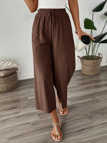 Easowa Women's Espresso Brown Cotton Linen Ankle Pants,Summer Casual Vacation Wide Leg Loose Elastic Waist Trousers,Back To School Teacher Uniform,Khaki