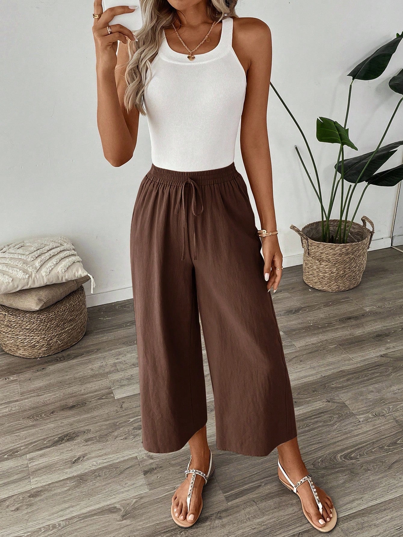 Easowa Women's Espresso Brown Cotton Linen Ankle Pants,Summer Casual Vacation Wide Leg Loose Elastic Waist Trousers,Back To School Teacher Uniform,Khaki