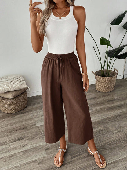 Easowa Women's Espresso Brown Cotton Linen Ankle Pants,Summer Casual Vacation Wide Leg Loose Elastic Waist Trousers,Back To School Teacher Uniform,Khaki