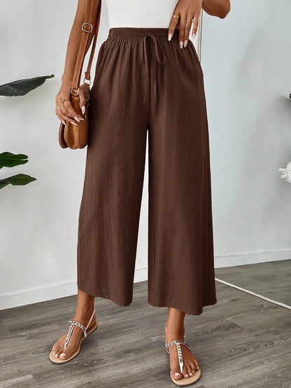 Easowa Women's Espresso Brown Cotton Linen Ankle Pants,Summer Casual Vacation Wide Leg Loose Elastic Waist Trousers,Back To School Teacher Uniform,Khaki