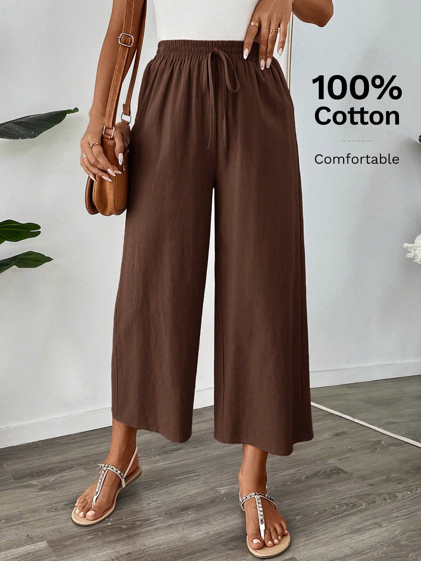 Easowa Women's Espresso Brown Cotton Linen Ankle Pants,Summer Casual Vacation Wide Leg Loose Elastic Waist Trousers,Back To School Teacher Uniform,Khaki