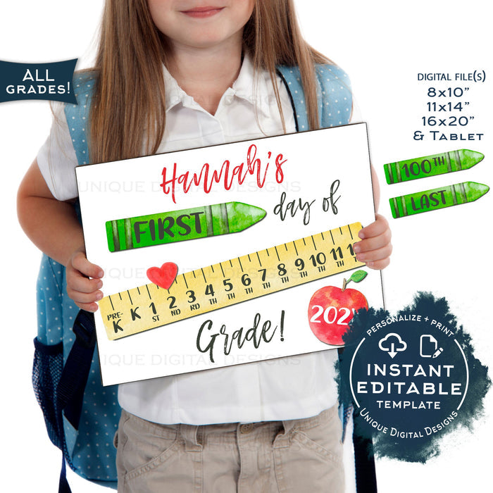 Editable 1st Day of School Sign, First Day Back to School Photo Prop Personalize School Chalkboard Poster Any Grade Digital Template INSTANT