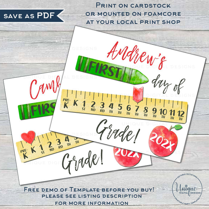 Editable 1st Day of School Sign, First Day Back to School Photo Prop Personalize School Chalkboard Poster Any Grade Digital Template INSTANT