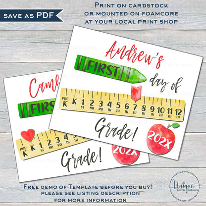 Editable 1st Day of School Sign, First Day Back to School Photo Prop Personalize School Chalkboard Poster Any Grade Digital Template INSTANT