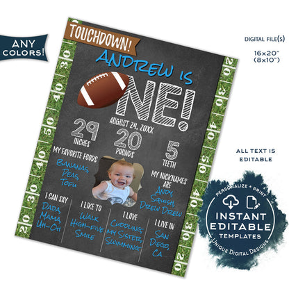 Editable Baby Milestone Board 1st Birthday, Sports First Birthday Sign Decoration, 1st Year Down Football Birthday Printable INSTANT UBFT