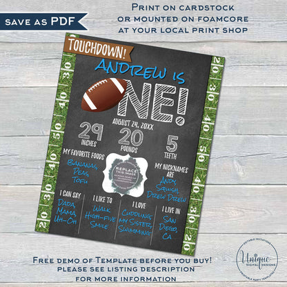 Editable Baby Milestone Board 1st Birthday, Sports First Birthday Sign Decoration, 1st Year Down Football Birthday Printable INSTANT UBFT