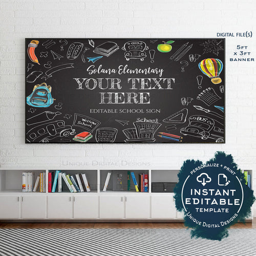 Editable Back to School Banner, 1st Day of School Yard Sign Poster, Teacher Classroom Chalkboard Sign, PTA PTO Digital Printable Diy INSTANT