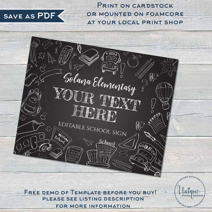 Editable Back to School Banner, 1st Day of School Yard Sign Poster, Teacher Classroom Chalkboard Sign, PTA PTO Digital Printable Diy INSTANT