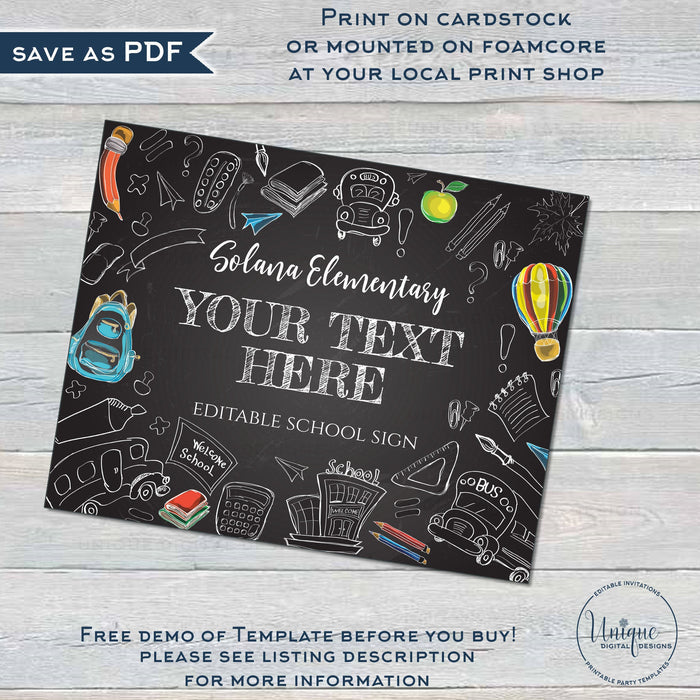 Editable Back to School Banner, 1st Day of School Yard Sign Poster, Teacher Classroom Chalkboard Sign, PTA PTO Digital Printable Diy INSTANT