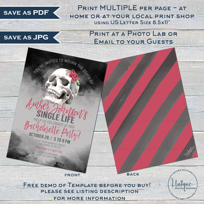 Editable Death to Single Life Invite, Bachelorette Halloween Invitation, RIP being Single, Mourn Skull Costume Party, Printable diy INSTANT