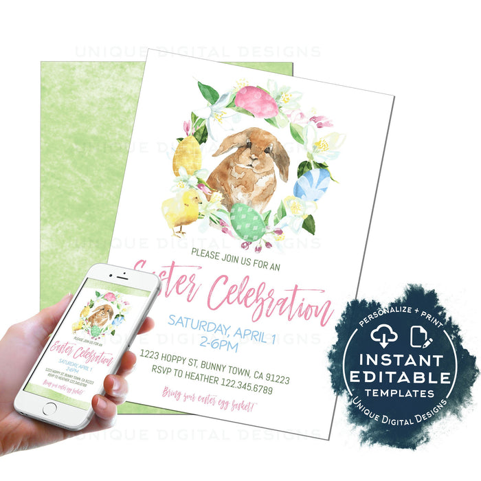 Editable Easter Celebration Invitation, Easter Egg Hunt Party Invite, Pastel Easter Egg, Personalized Easter Bunny, Spring Hoppy diy INSTANT