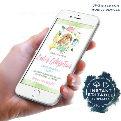 Editable Easter Celebration Invitation, Easter Egg Hunt Party Invite, Pastel Easter Egg, Personalized Easter Bunny, Spring Hoppy diy INSTANT