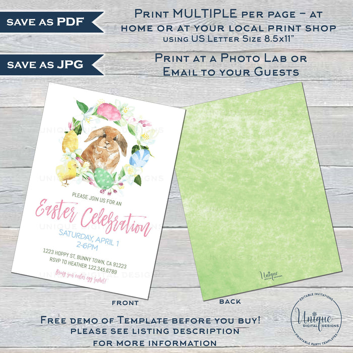 Editable Easter Celebration Invitation, Easter Egg Hunt Party Invite, Pastel Easter Egg, Personalized Easter Bunny, Spring Hoppy diy INSTANT