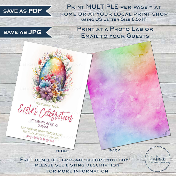 Editable Easter Celebration Invitation, Easter Egg Hunt Party Invite, Pastel Easter Egg Brunch, Personalized Easter Bunny Spring diy INSTANT