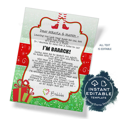 2020 Editable Elf Arrival Letter Template, I'm Back Christmas Letter Printable, Elf Welcome Back, DIY Christmas Tradition for Kids, INSTANT