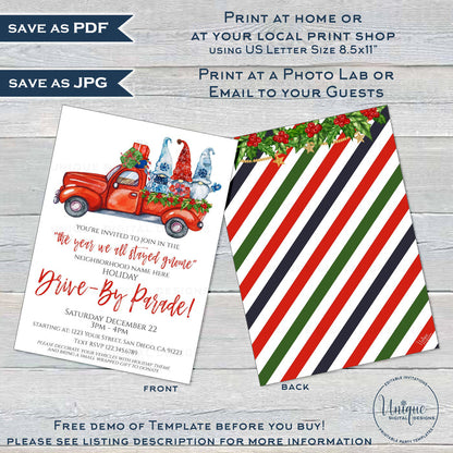Editable Holiday Drive by Invitation, Neighborhood Christmas Invite, Year we All Stayed Gnome Block Party, Toy Drive Fundraiser Gift INSTANT