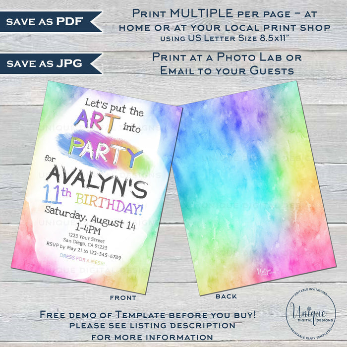 Editable Lets pARTy Invitation, Put the Art in Party Birthday Invite, Dress for a Mess, Girls Painting Art Party, Printable Template INSTANT