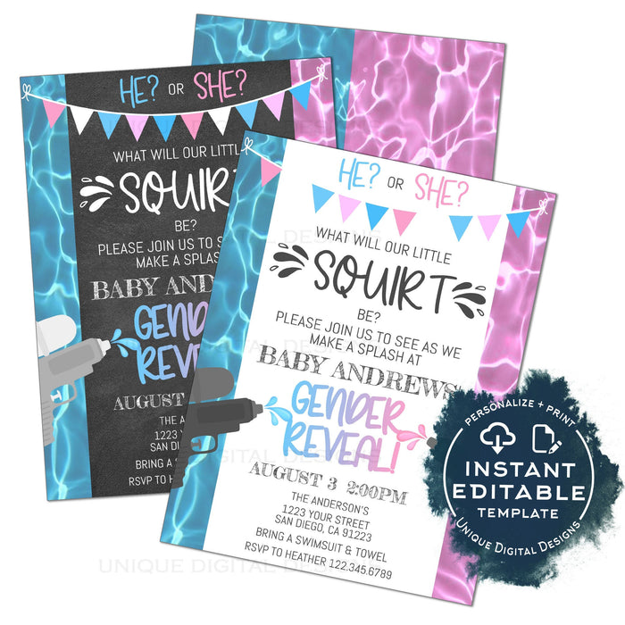 Editable Little Squirt Gender Reveal Invitation, Water Gun He or She Summer Pool Party, What will Baby Be Baby Shower Printable INSTANT