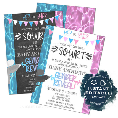 Editable Little Squirt Gender Reveal Invitation, Water Gun He or She Summer Pool Party, What will Baby Be Baby Shower Printable INSTANT