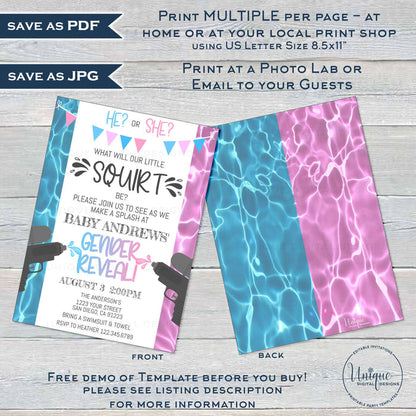 Editable Little Squirt Gender Reveal Invitation, Water Gun He or She Summer Pool Party, What will Baby Be Baby Shower Printable INSTANT