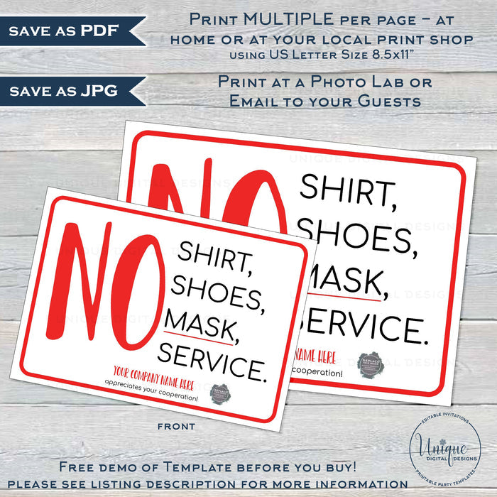 Editable No Shirt, No Shoes, No Mask, No Service Poster, Social Distancing Printable Sign