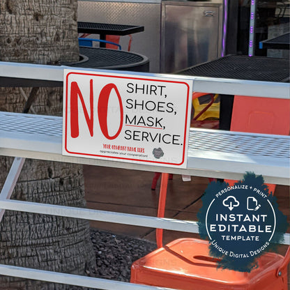 Editable No Shirt, No Shoes, No Mask, No Service Poster, Social Distancing Printable Sign
