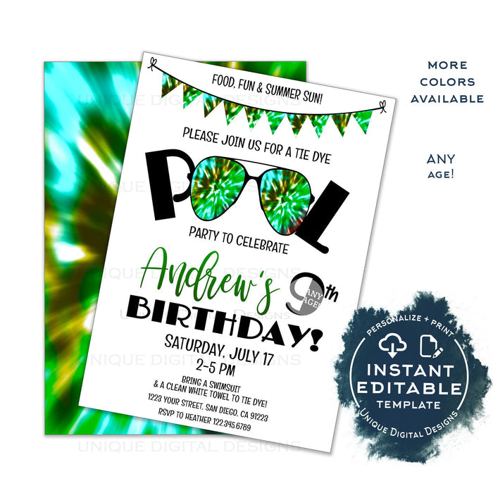Editable Tie Dye Party Invitation, Summer Pool Party Camo 90s Boys Birthday