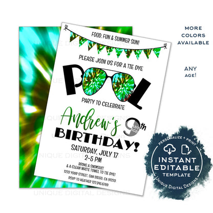 Editable Tie Dye Party Invitation, Summer Pool Party Camo 90s Boys Birthday