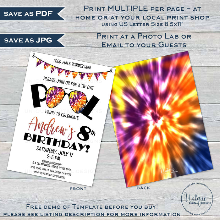 Editable Tie Dye Party Invitation, Summer Pool Party Camo 90s Boys Birthday