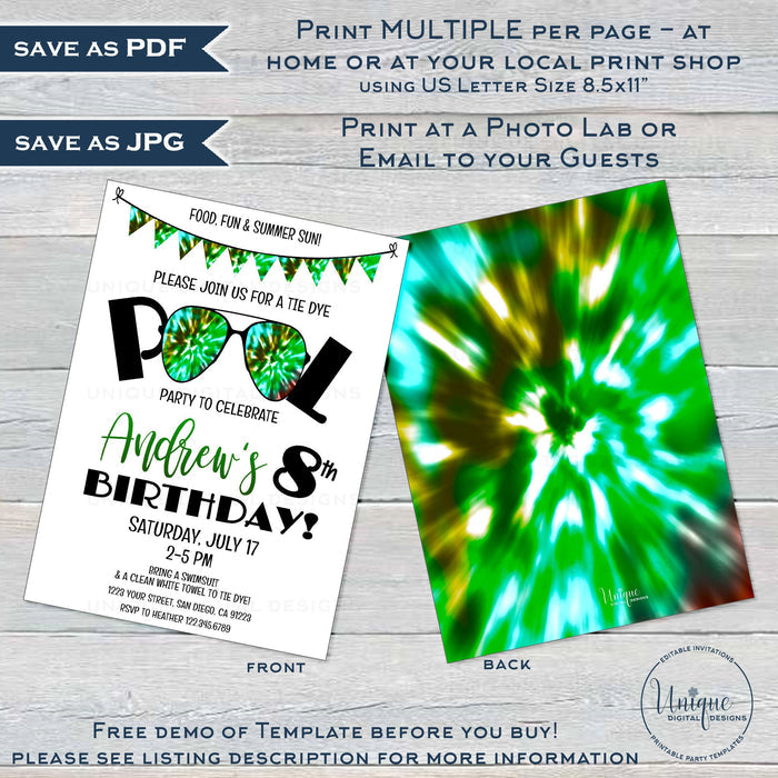 Editable Tie Dye Party Invitation, Summer Pool Party Camo 90s Boys Birthday