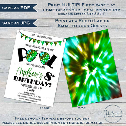 Editable Tie Dye Party Invitation, Summer Pool Party Camo 90s Boys Birthday